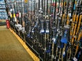 Fishing rods for sale at camping Equipment retail store. Royalty Free Stock Photo